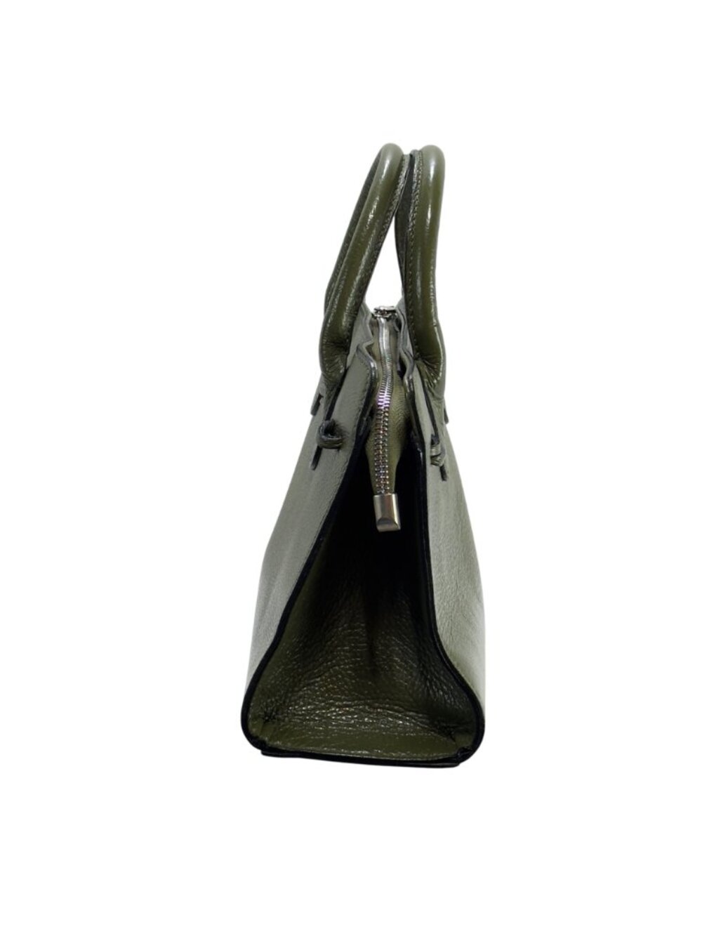 Green Pebbled Italian Leather Handbag Dual Handles Zip Closure - Picture 3 of 10